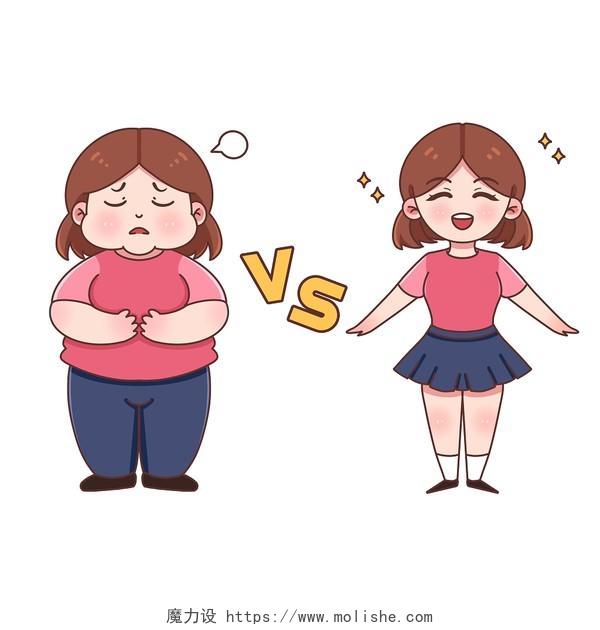 卡通人物女孩减肥前后对比健康